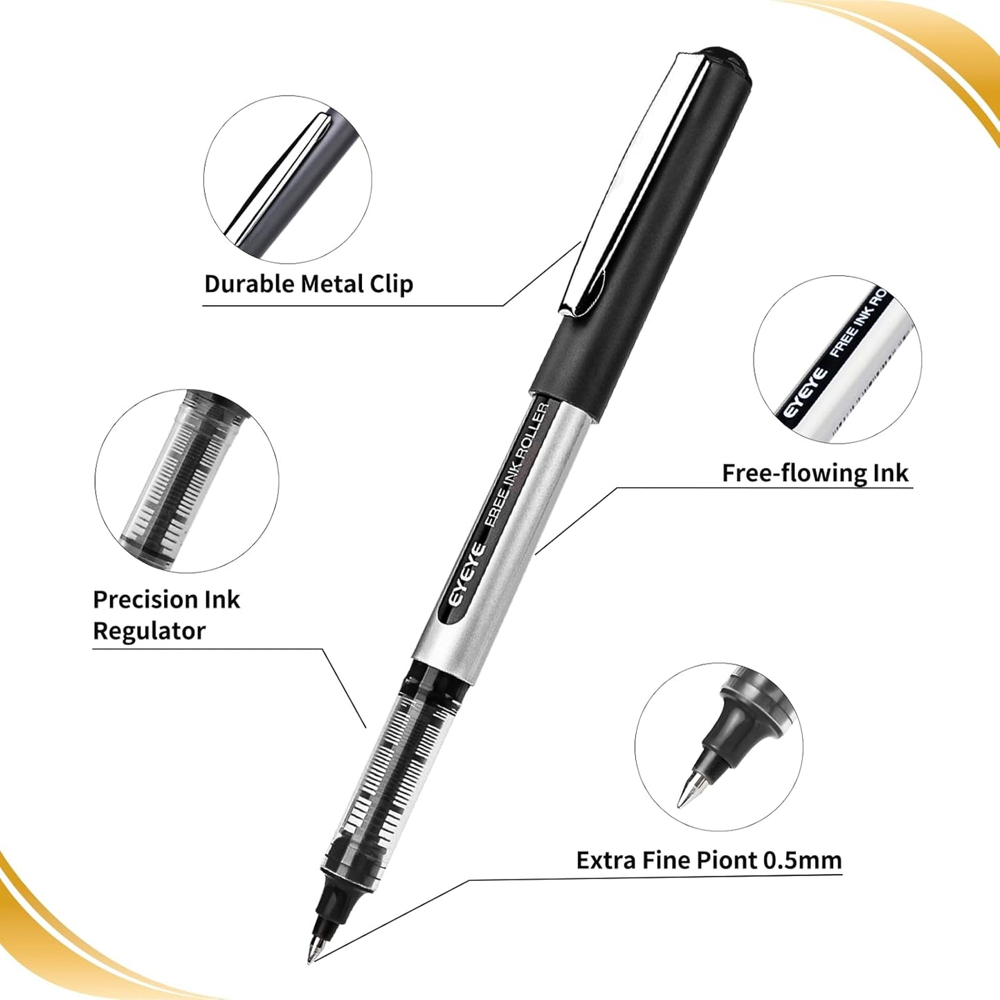 EYEYE Rollerball Pens Black 0.5mm, 8 Pack Extra Fine Point Quick Dry, Liquid Ink Pens Fine Point Smooth Writing Pen for Journaling, Note Taking, Office, School Supplies