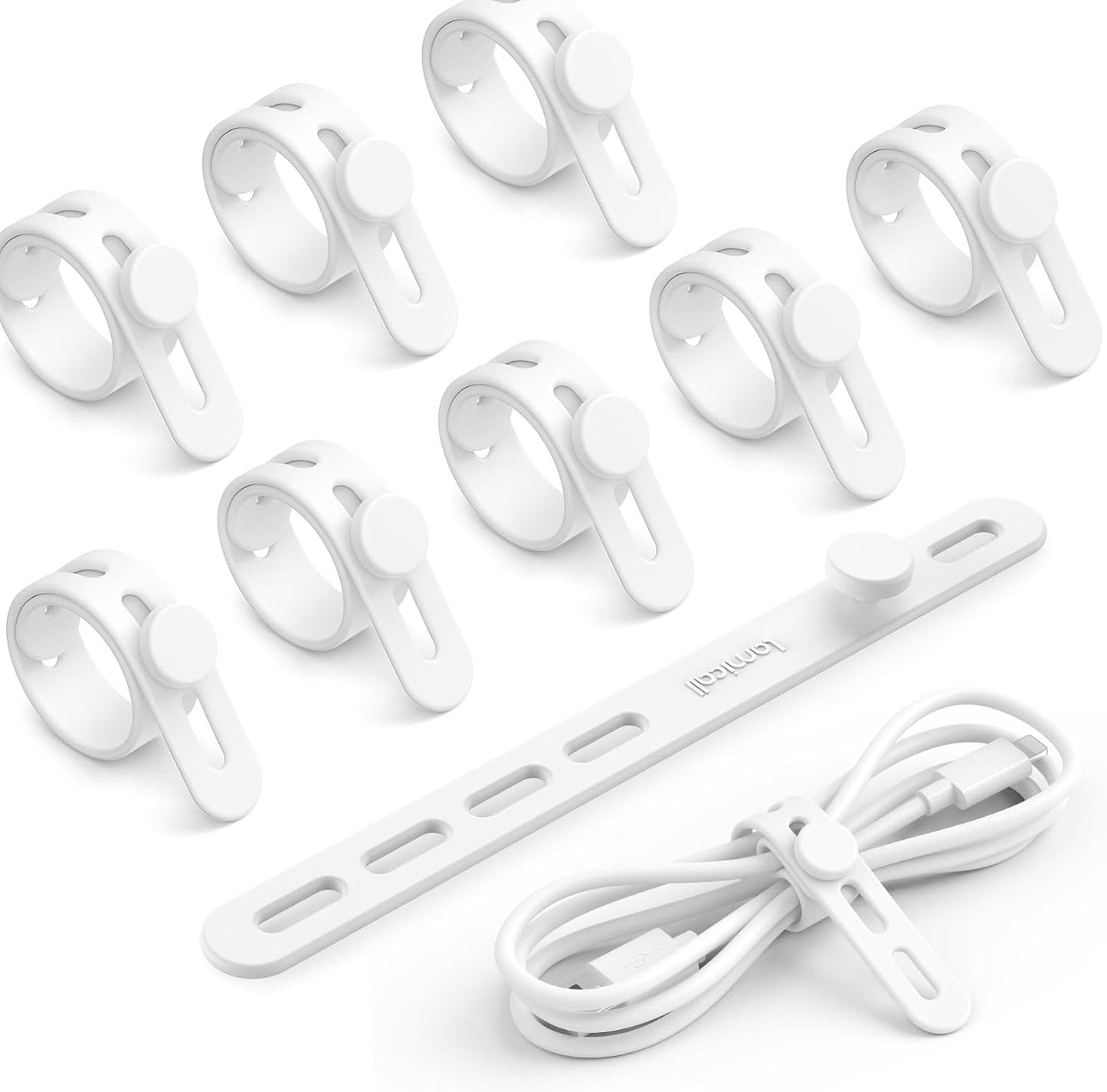 10Pack Silicone Cable Ties Cord Organizer - Lamicall Elastic Wire Ties Management, Desktop Travel Must Haves, Desk Home Office Workspace Accessories, Dorm Room Essentials, White Cord Keeper for Cables
