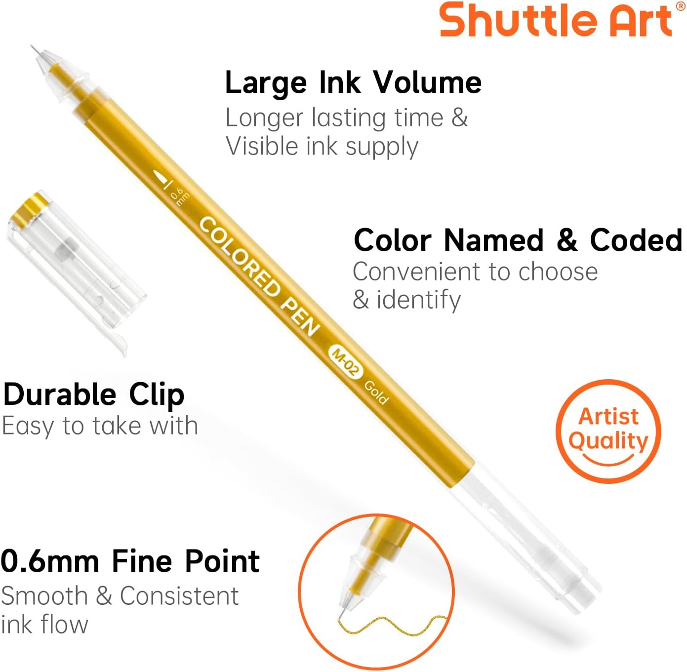 Shuttle Art Colored Pens, 22 Black White Gray & Metallic Tone Colors Cute Journal Pens 0.6mm Fine Point Colored Gel Pens for Black Paper Writing Drawing Journaling Note Taking School Office Home