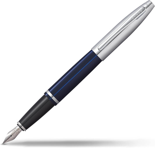 Cross Calais Refillable Fountain Presented in a Luxury Gift Box - Medium Point, Black Ink, Chrome & Blue