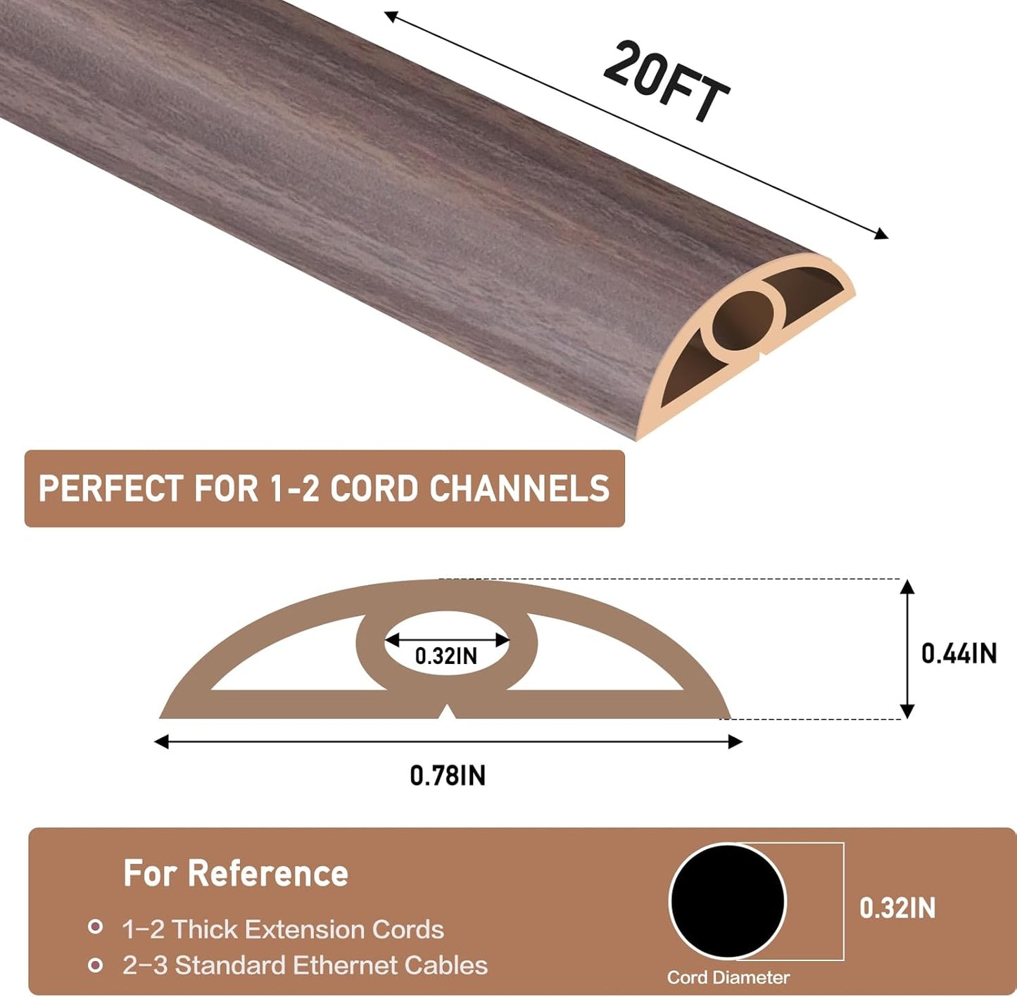 Floor Cord Cover Self Adhesive Cord Hider Floor Extension Cord Covers for Floor Power Cord Protector Cable Management Prevent Cable Trips Cable Cavity 0.32" W x 0.32" H (Brown Walnut Wood, 20Ft)