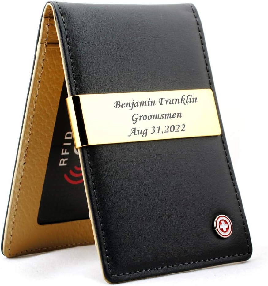 Free engraving - 24K Gold, Mens Leather Money Clips, Roller Ballpen, Ballpoint pen, Ball pen, Groomsmen Gift,Three Lines Each 20 Characters, Free Customization (BLACK)