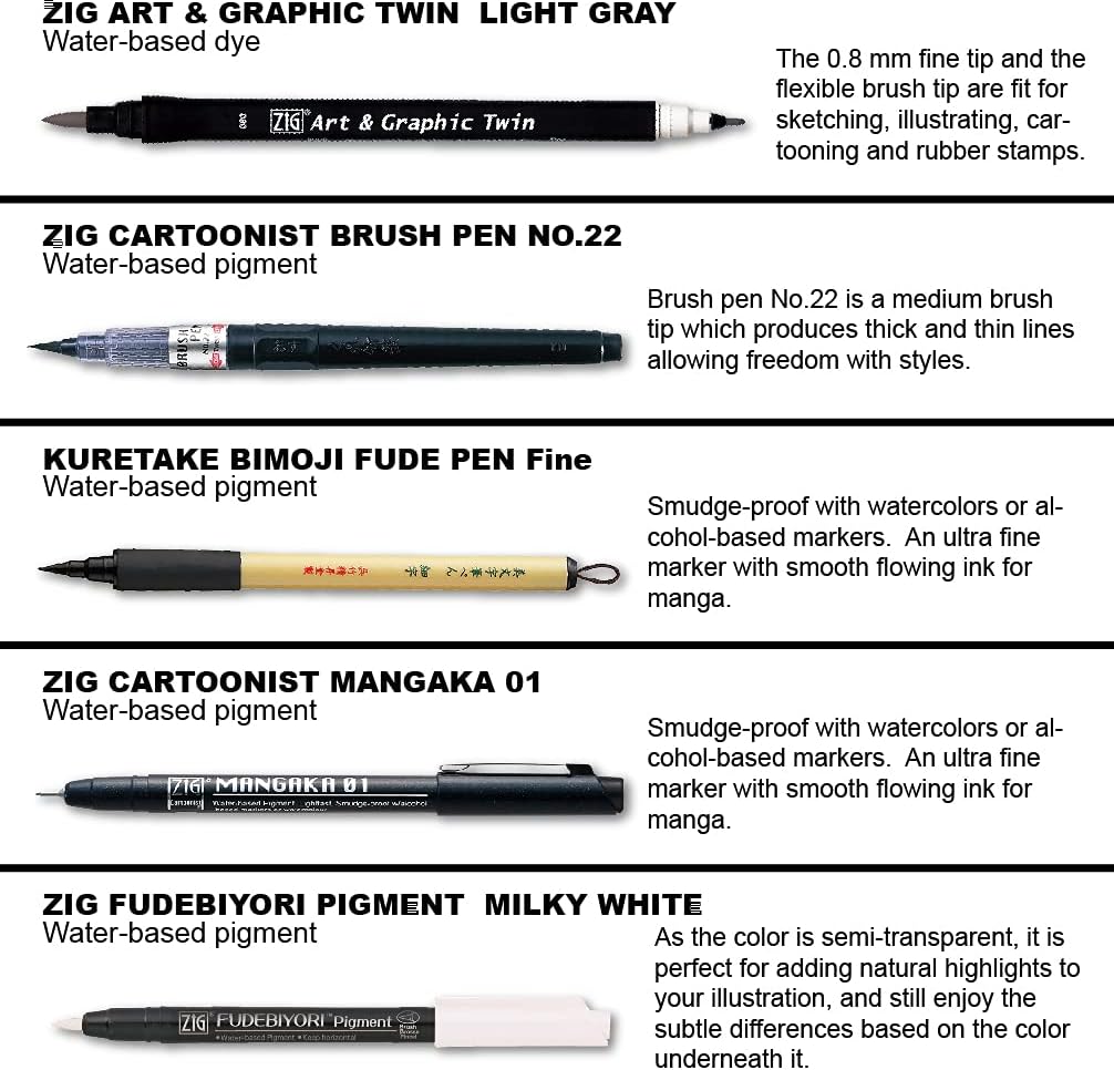 Kuretake Zig Inktober pen set, for Illustration, Manga Drawing, Lettering and Calligraphy, Professional Artist, Made in Japan (Basic No.2(5pcs.))