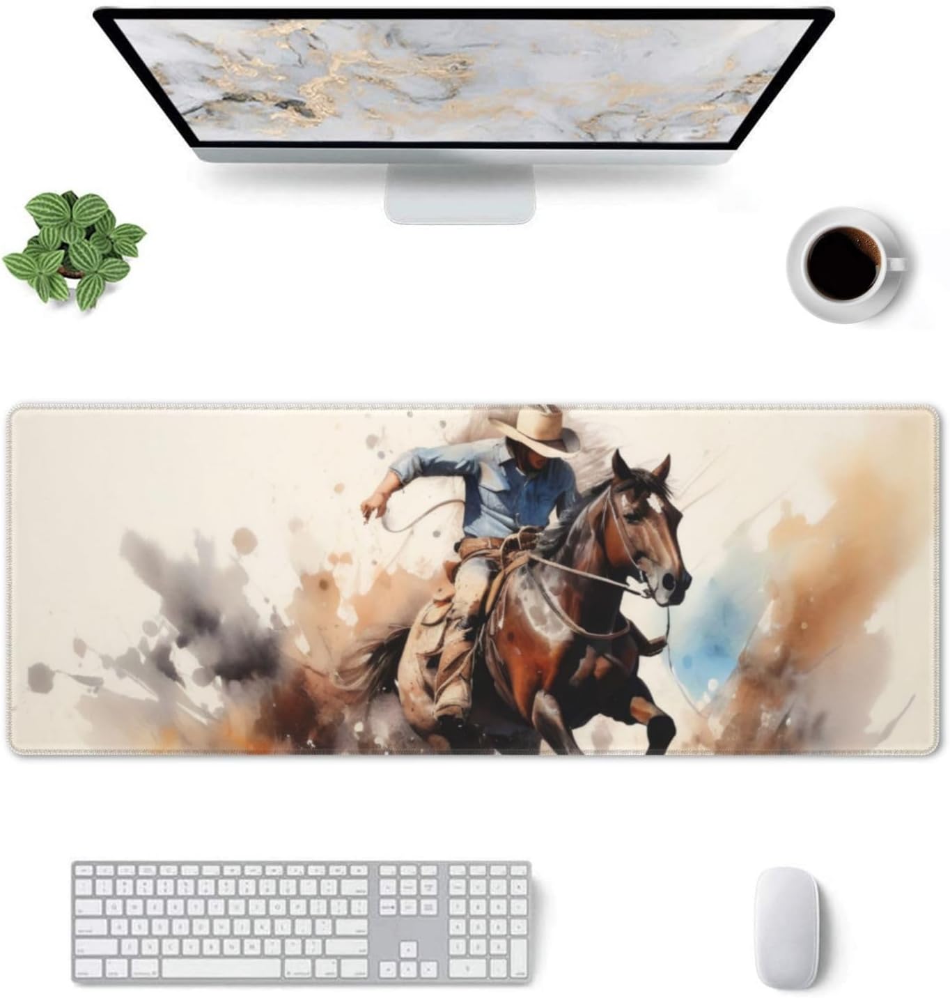 Gaming Mouse Pad, Large Non-Slip Rubber Base Mousepad, Keyboard Mouse Mat, Desk Pad with Stitched Edges, 31.5x11.8inch, Western Cowboy