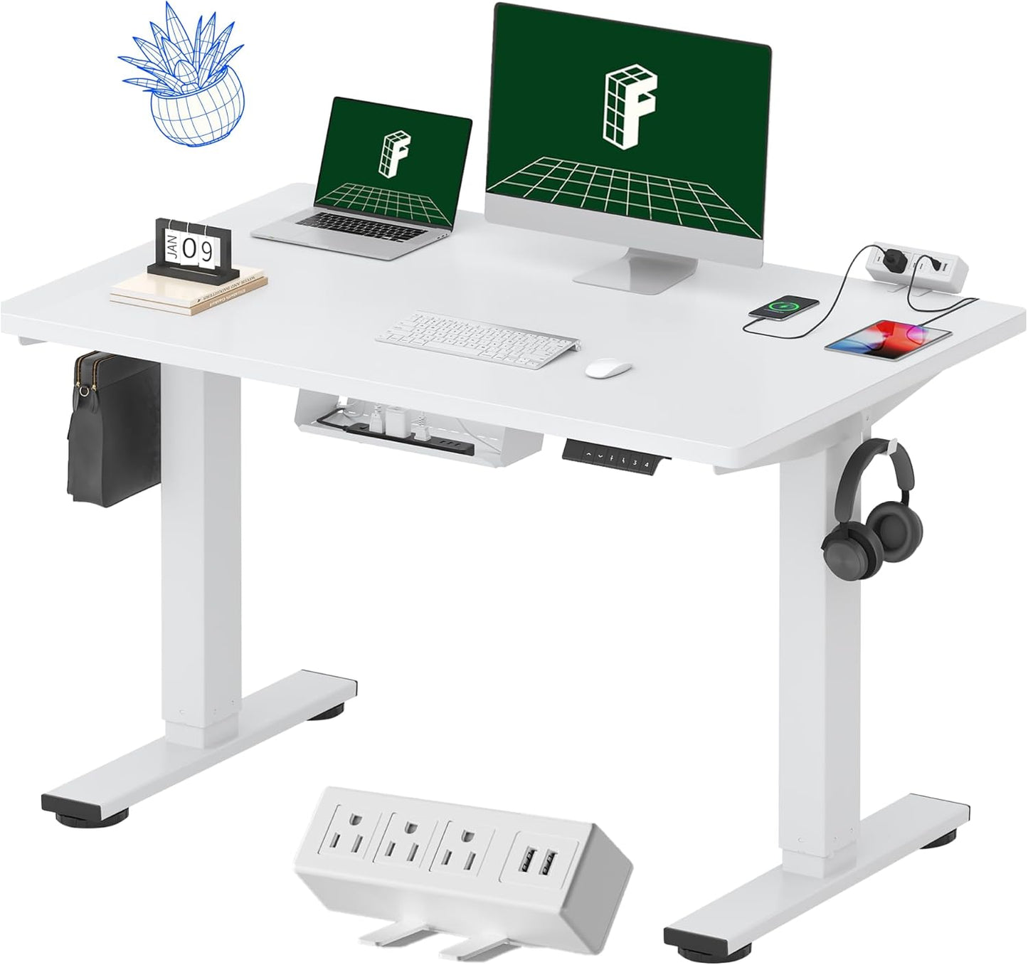 FLEXISPOT EN2 Whole-Piece Standing Desk with Clamp Power Strip, 48 x 30 Electric Stand Up Height Adjustable Desk with Cable Management (White Frame + 48" White Desktop, 2 Packages)