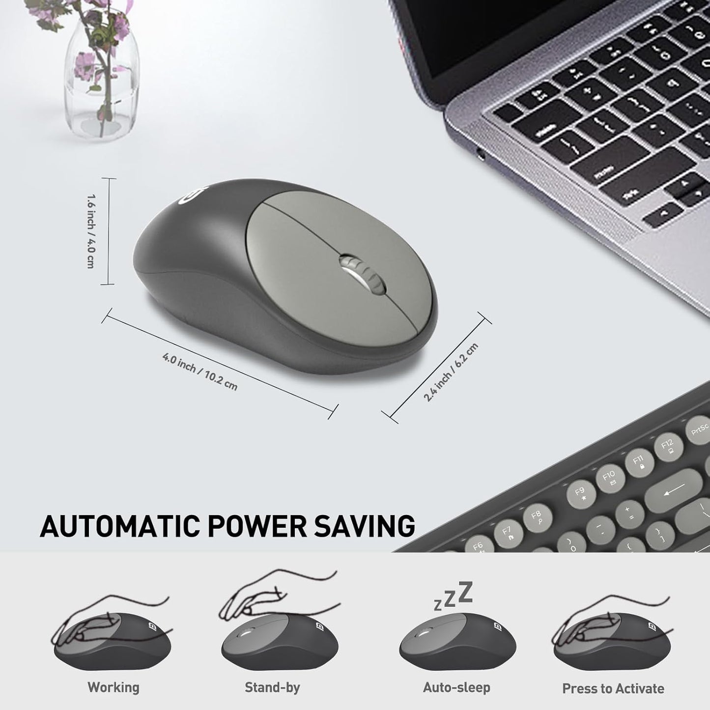 FOPETT Wireless Keyboard and Mouse Combo - Cute Colorful Mouse and Keyboard 2.4G Full-Sized with 104 Round Keys Retro Typewriter Keyboards for Laptop/Windows/PC - Grey Gradient
