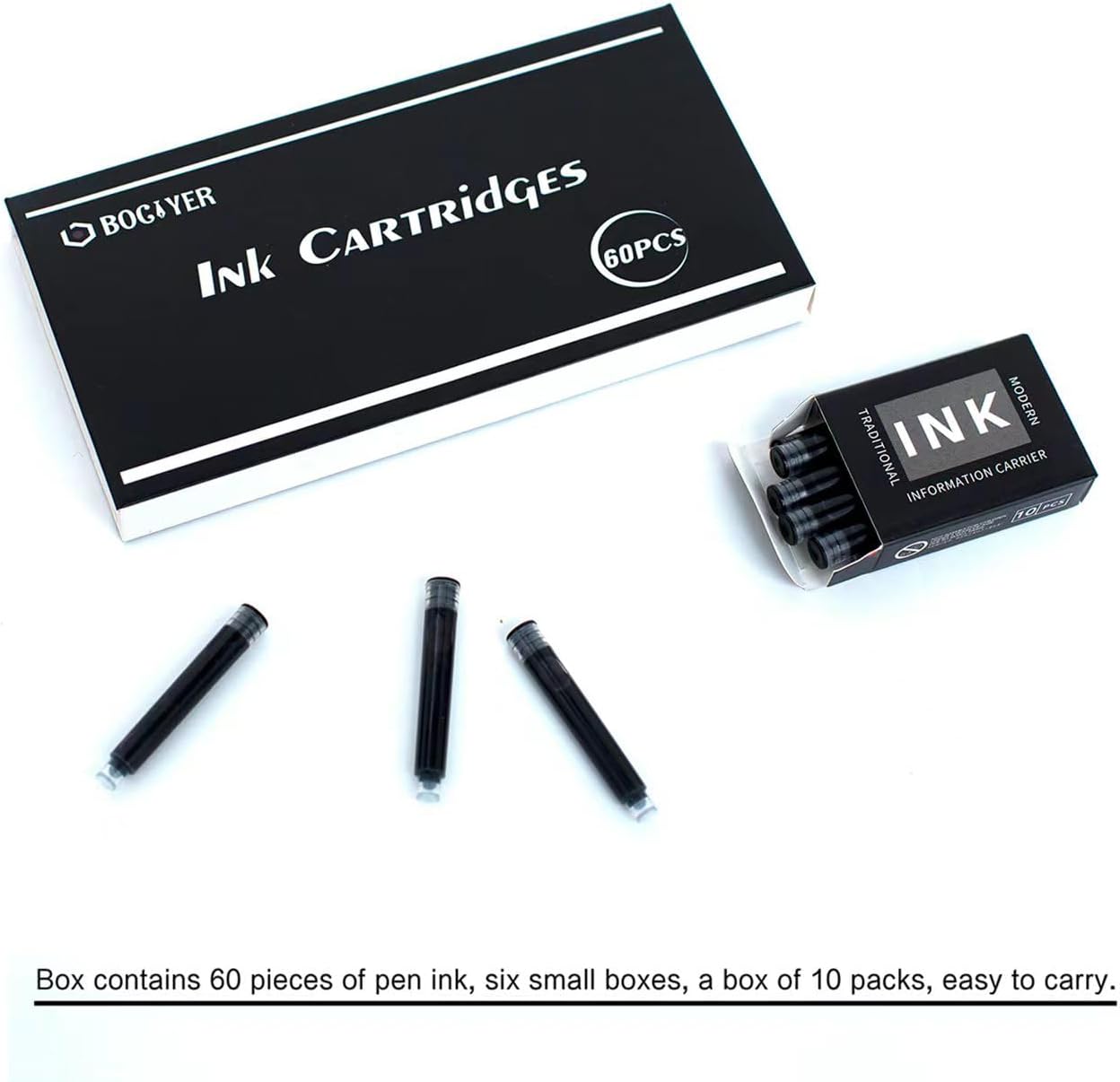 60 Count Bociyer Fountain Pen Ink Refill Cartridges | Standard International Ink Cartridge | 2.6mm bore Diameter | Black Ink