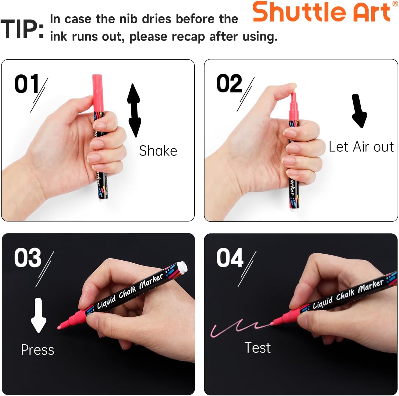 Shuttle Art Chalk Markers, 30 Vibrant Colors Liquid Chalk Markers Pens for Chalkboards, Windows, Glass, Cars, Erasable, 3mm Reversible Fine Tip with Chalkboard Labels for Office Home Supplies