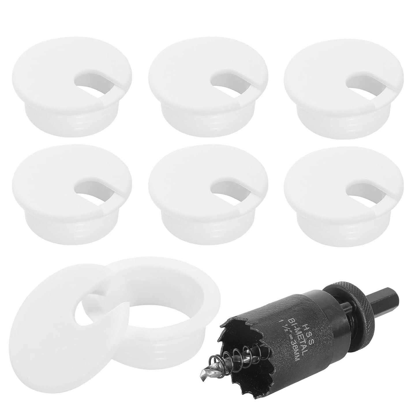 1-1/2" White Desk Grommet with Bi-Metal Hole Saw, JTemgle Plastic Cable Hole Cover Computer Table Cord Wire Organizer Caps, Desktop Cord Management for Home Office TV Stands Tabletops, 7 Pieces