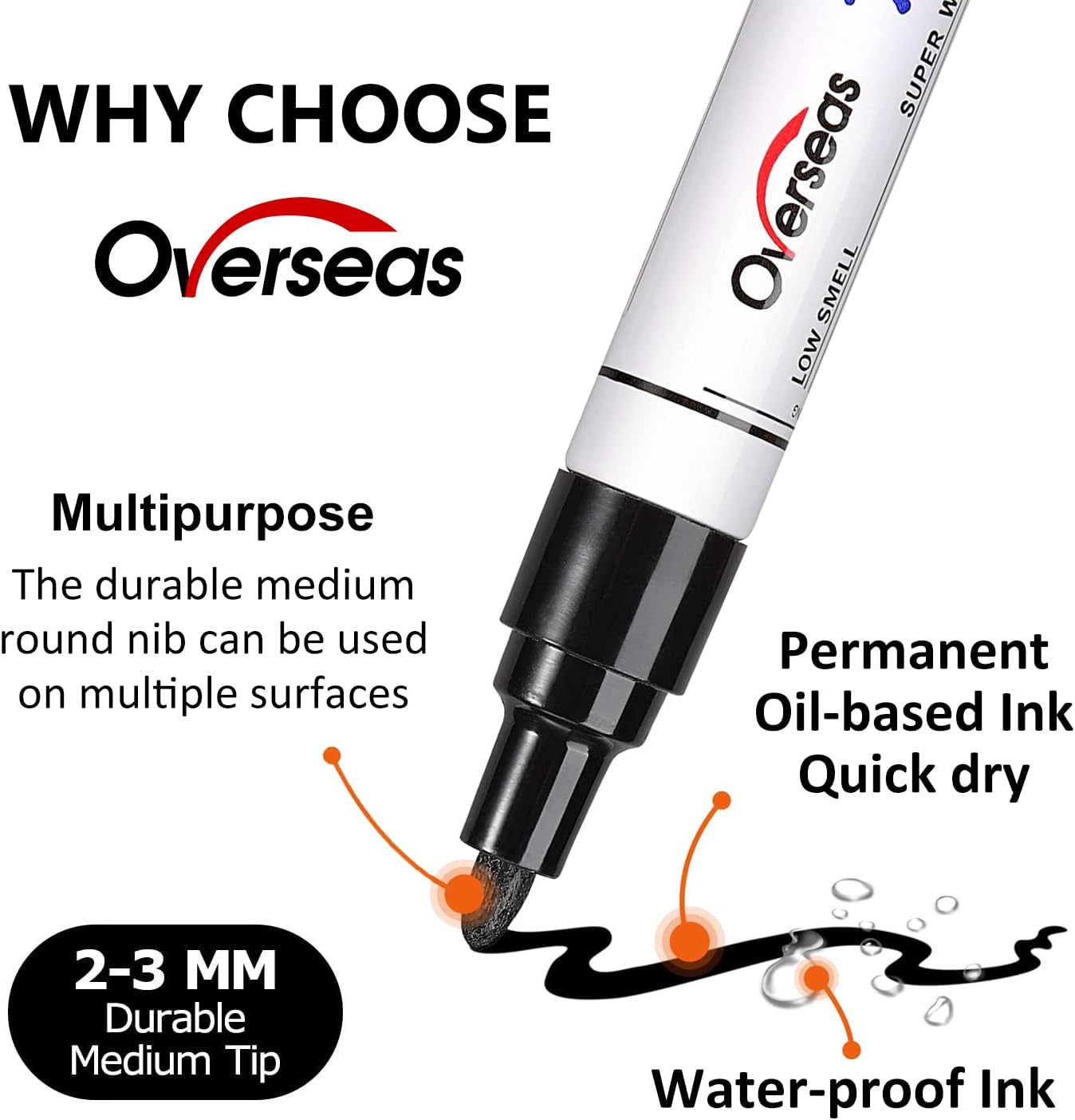 Overseas White and Black Paint Pens, 12 Pack Oil Based Permanent Markers - Medium Tip, Quick Dry and Waterproof Paint Markers for Rock, Wood, Metal, Plastic, Canvas, Glass, Ceramics, Rubber