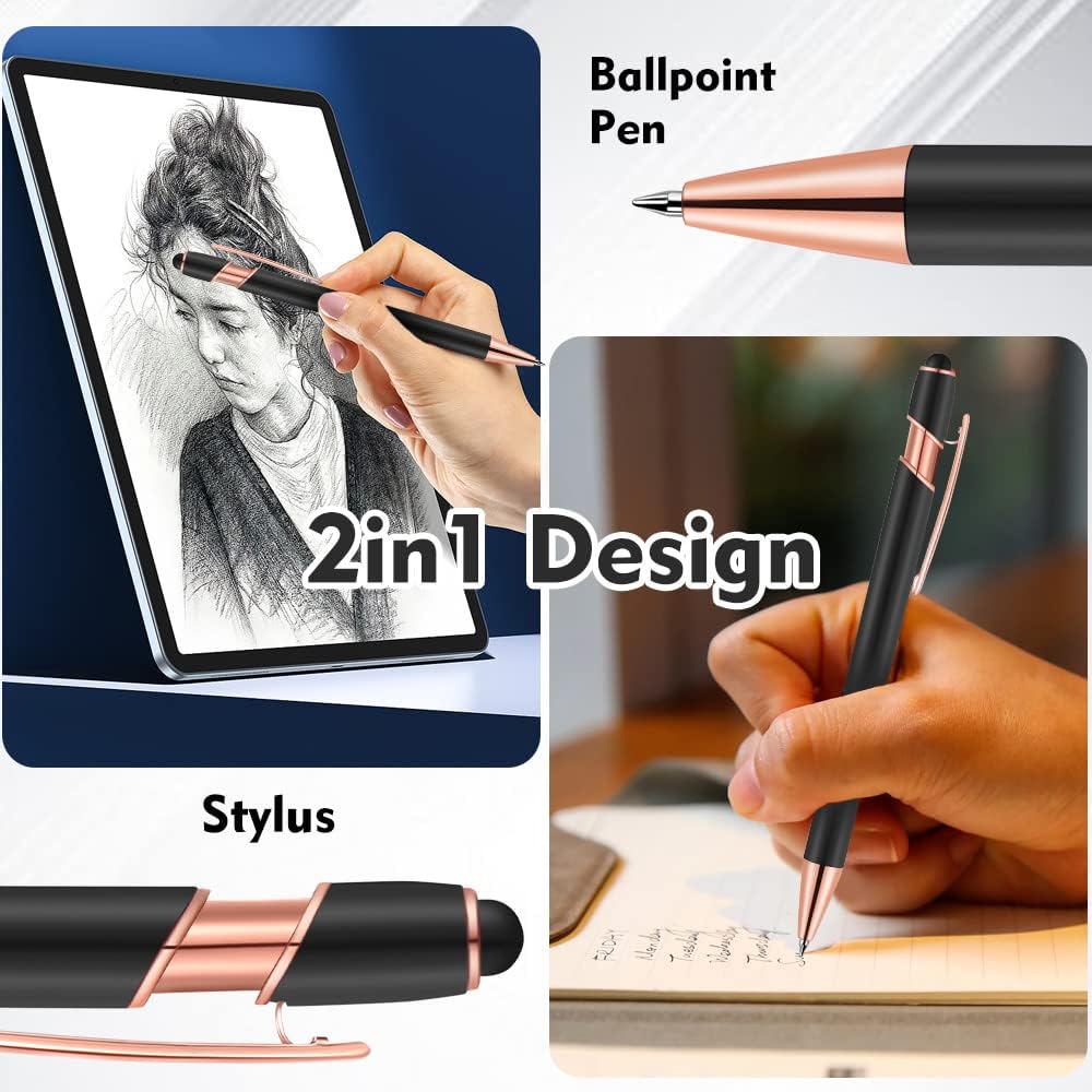 12 PCS 2 in 1 Stylus Ballpoint Pen with Stylus Tip, 1.0 mm Black Ink Metal Pen Stylus Pen for Touch Screens (Rose Gold & Blue)
