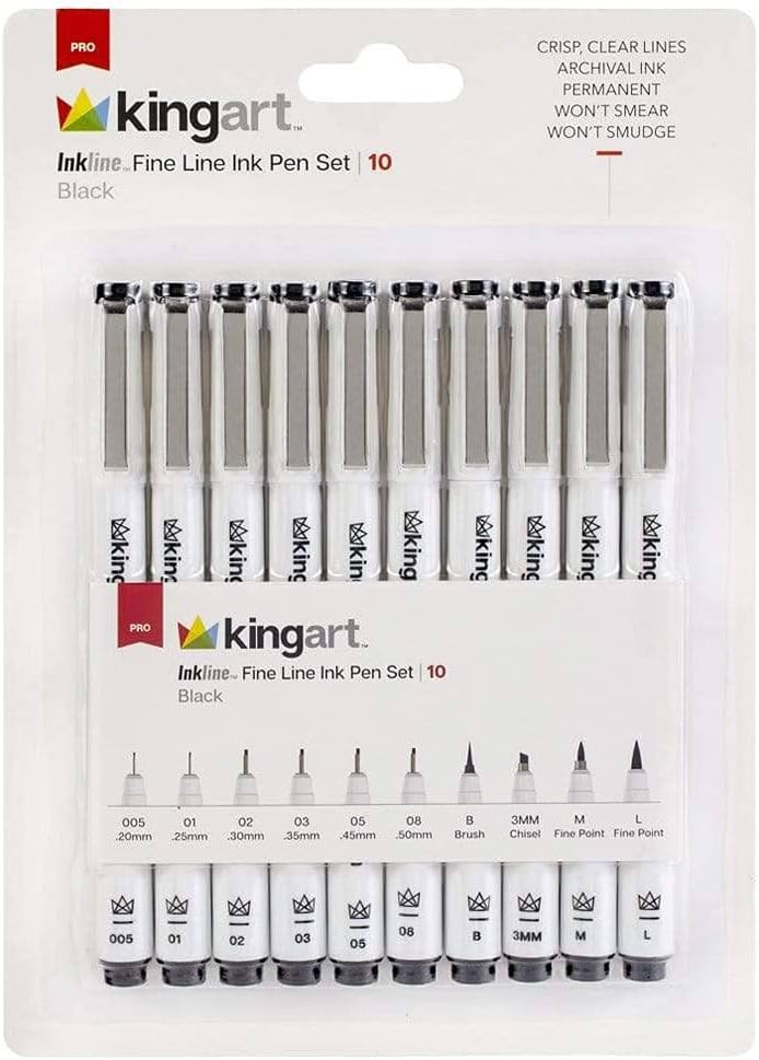 KINGART 430-10 PRO Inkline Black Micro Line & Precision Graphic Pens, 10 Assorted Nibs, BLACK Archival Waterproof Japanese Ink for Art, Illustration, Calligraphy, Sketching, Anime, Technical Drawing, Manga