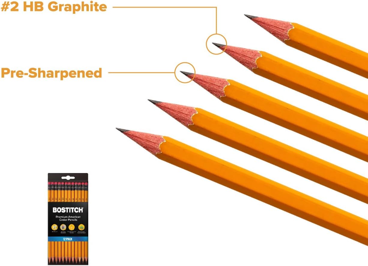 Bostitch Office Premium #2 Pencils, American Cedar Wood, Pre-Sharpened, HB Graphite, 12-Pack