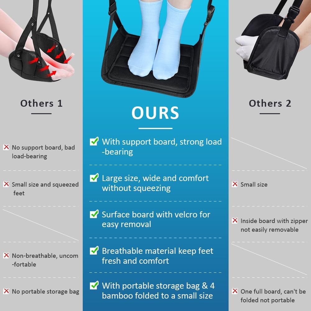 Foot Hammock for Plane Travel, Upgraded Wide Airplane Foot Hammock with Detachable Hardboard, Portable Footrest for Air Travel Essentials Long Flights Flying, Adjustable Foot Rest Leg Hammock