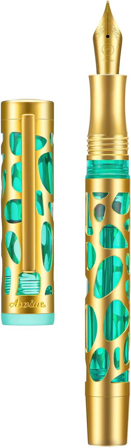 Asvine V169 Vacuum Filling Fountain Pen Iridium Medium Nib, Water Drop Skeleton Gold Trim Transparent Green Acrylic Pen Case Set