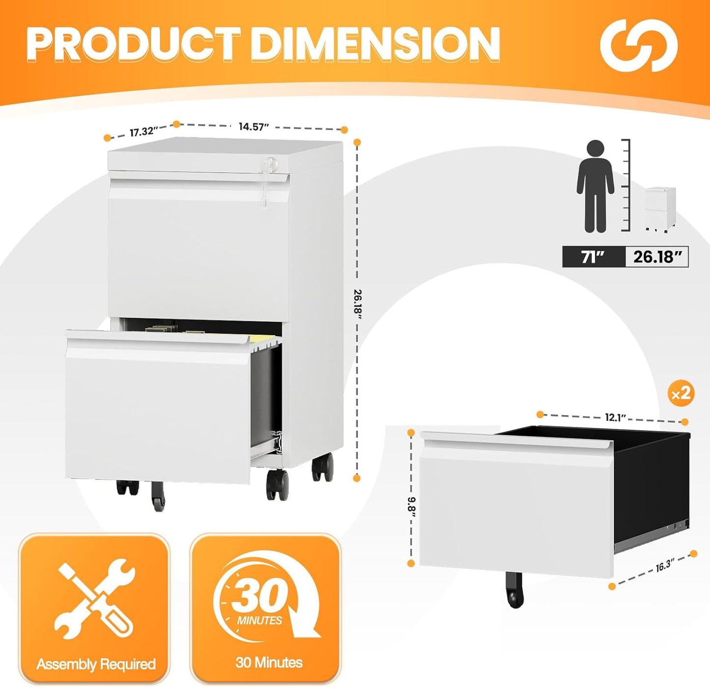 2 Drawer File Cabinet, Fully Assembled Mobile File Cabinets with Lock, Metal Rolling Filing Caninet on Wheels, Small Two Drawer Under Desk Cabnet for Letter/Legal / A4 / File Box - White
