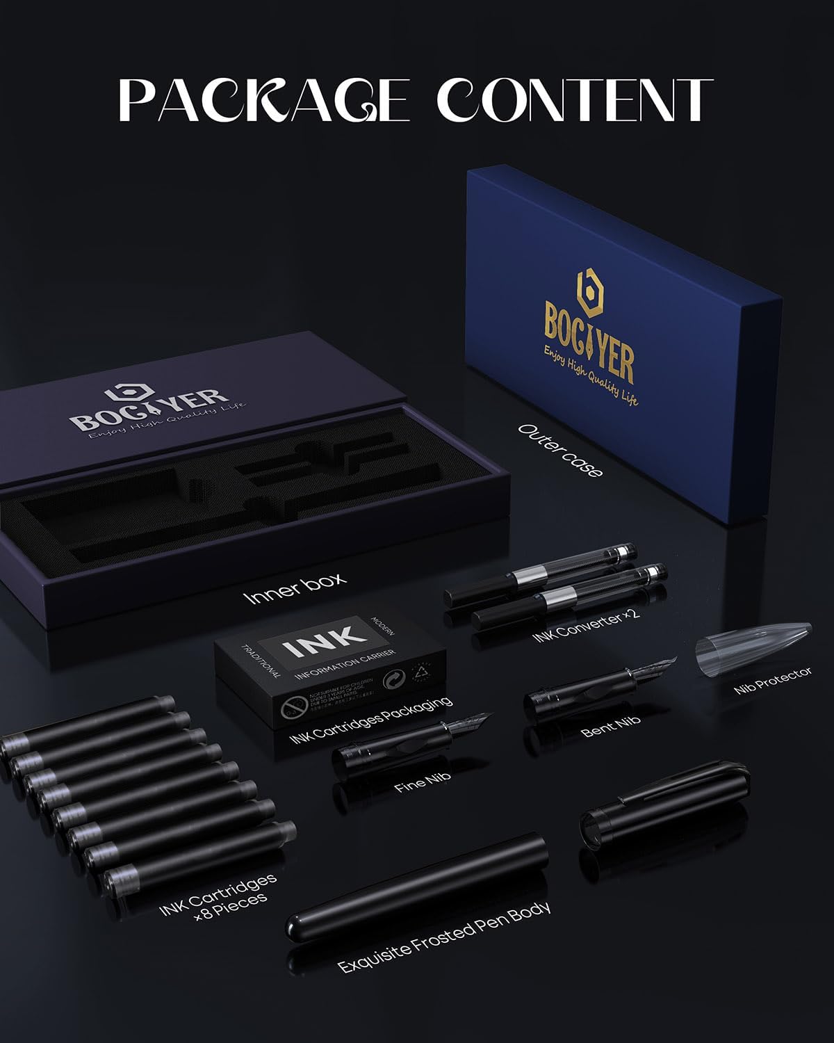 samurai Fountain Pen Set,Hand Polished Medium Nib,Calligraphy Nib(Bent Nib),Includes 8 Ink Cartridges,Ink Refill Converter*2 And Gift Box,Best Pen Gift Set for Men & Women（Black ）