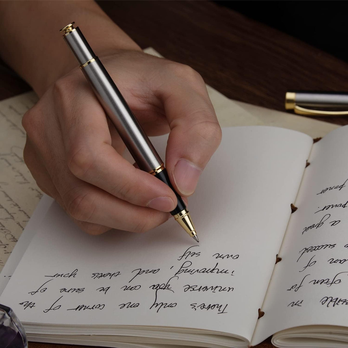 BEILUNER Ballpoint Pens, Stunning Silver Chrome Metal Pen with Golden Trim, Best Ball Pen Gift Set for Men & Women, Professional, Executive, Office, Nice Pens-Gift Box with 0.5mm Extra Black Refill