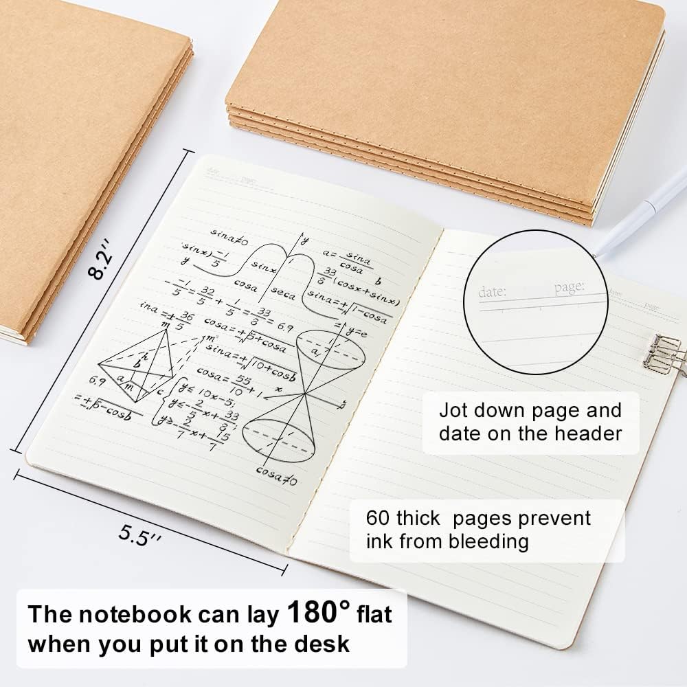 feela 60 Pack Kraft Notebooks Bulk, Lined Travel Journals Note Pad Notebooks for Men Women Girls Students, Making Plans Writing Memos Office School Supplies, A5, 60 Pages, 8.3” X 5.5”