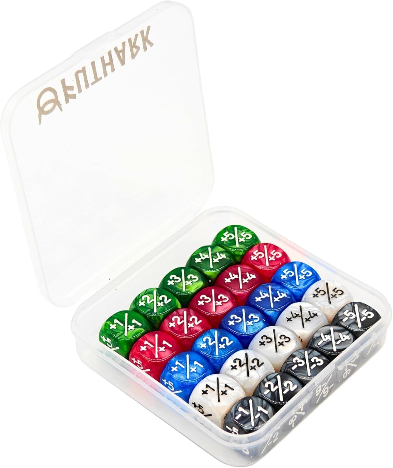 Futhark MTG Counter Dice Set - 25 Compact Multicolored Acrylic Dice with Plus/Minus Counters - Easy to Carry & Easy to Read - Accessories for Magic: The Gathering