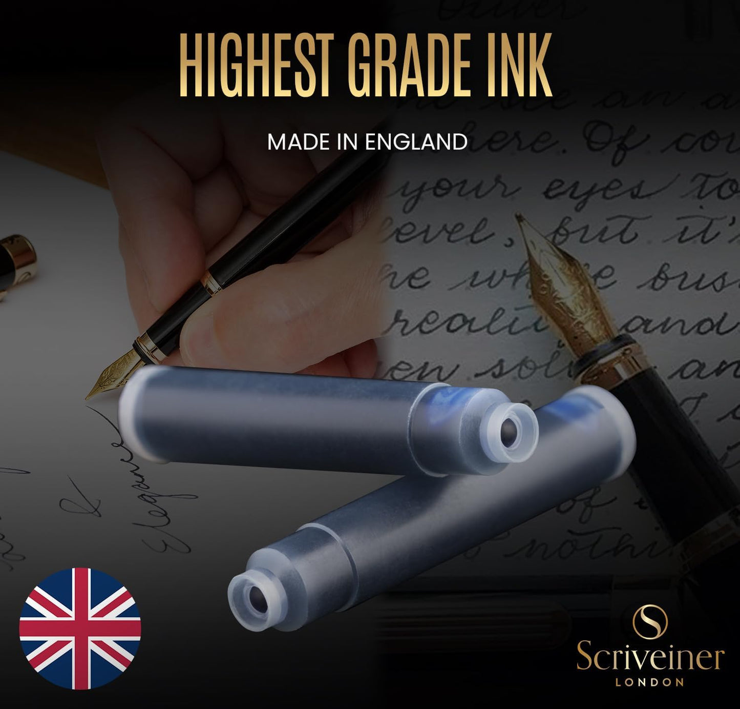 Scriveiner Fountain Pen Ink Cartridges - Blue - 20 Standard International Ink Cartridges, Made in UK, The Best Cartridge for Your Scriveiner Pen, Refill Size Fits A Wide Range of Fountain Pens