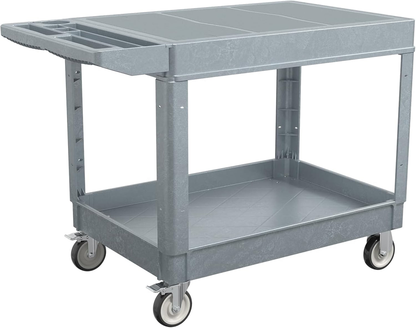 2 Tier Rolling Utility Cart on Wheels, 550 lbs Capacity Flat Top Plastic Service Cart with Lipped Shelves, 46 x 26-Inch Heavy Duty Work Cart for Warehouse, Garage, Cleaning, Gray