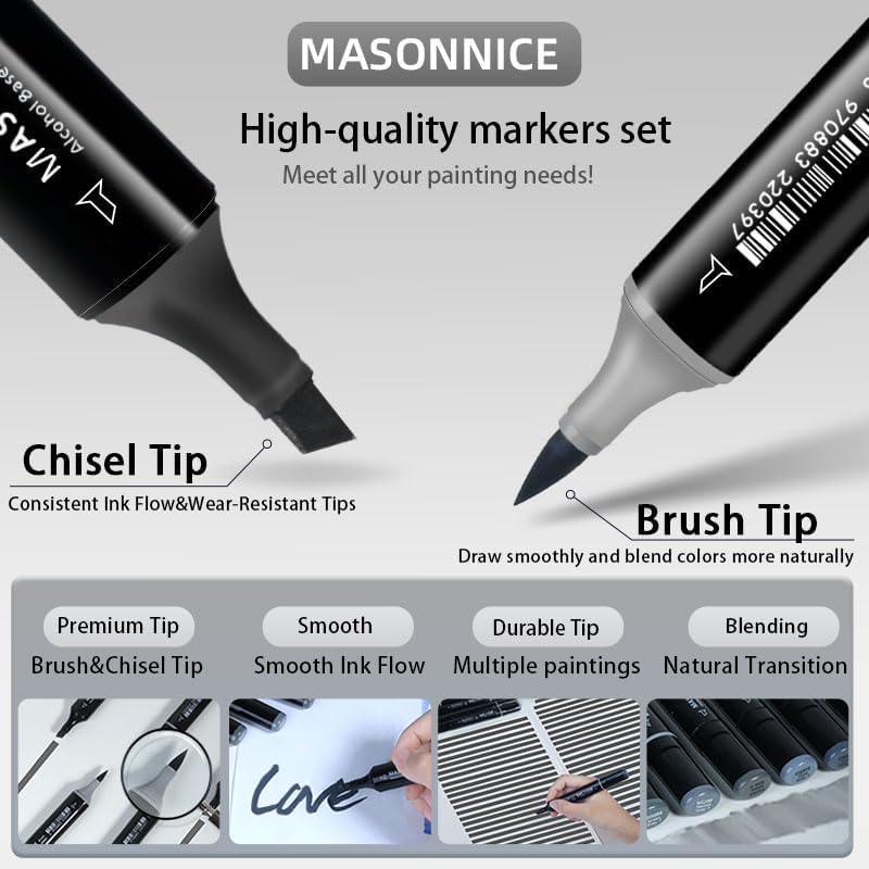 Gray Grey Alcohol Markers Brush Tip, 30pc Warm Neutral Cool Grey Markers Set for Adults Artist Coloring Book Shading Layering Drawing Sketching Brush Chisel Tips Gifts