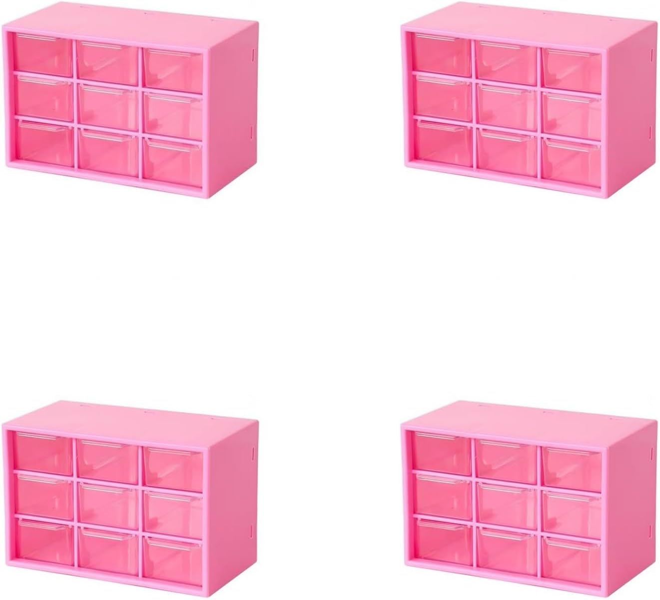 Feadily 4PCS Small Drawer Organizer for Desk, Desktop Drawer Organizer with 9 Clear Drawers, Plastic Desktop Storage Drawers 7.1 Inch x 3 .9 Inch x 4.7 Inch, Rose Red