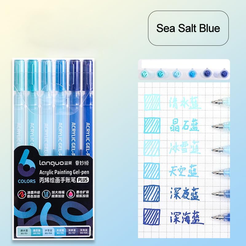 Acrylic Gel Pens for Coloring Books, Quick Dry 6 Pcs 1.0mm Fine Point Gel Marker Pen for Drawing, Journaling Art, School Supplies, Sea Salt Blue