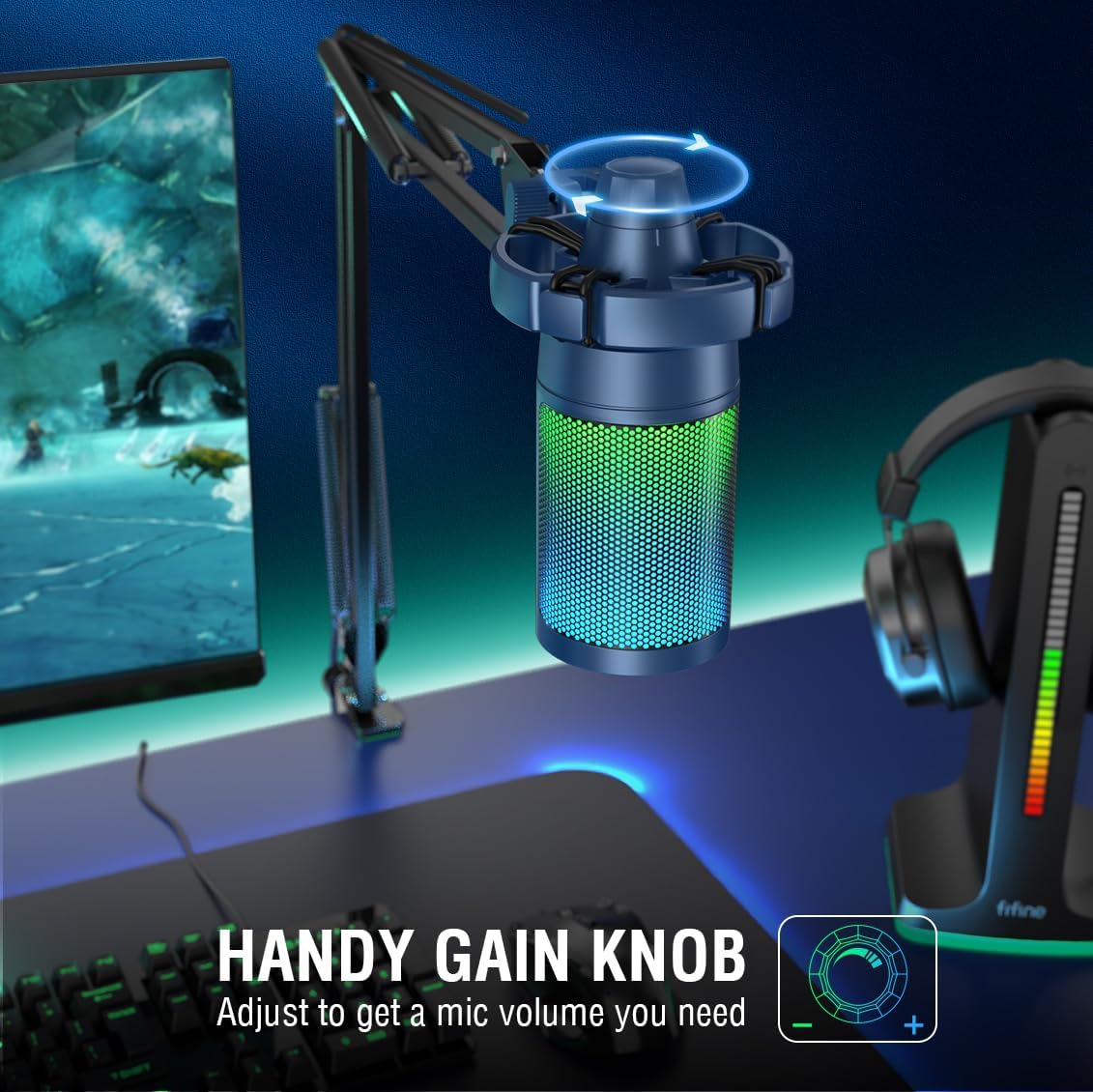 FIFINE USB Gaming Streaming Recording PC Microphone Kit, RGB Condenser Computer Mic Bundle for Podcasts, Audio, Vocal, Video on Mac/Desktop/Laptop, with Boom Arm Stand-A6T Blue