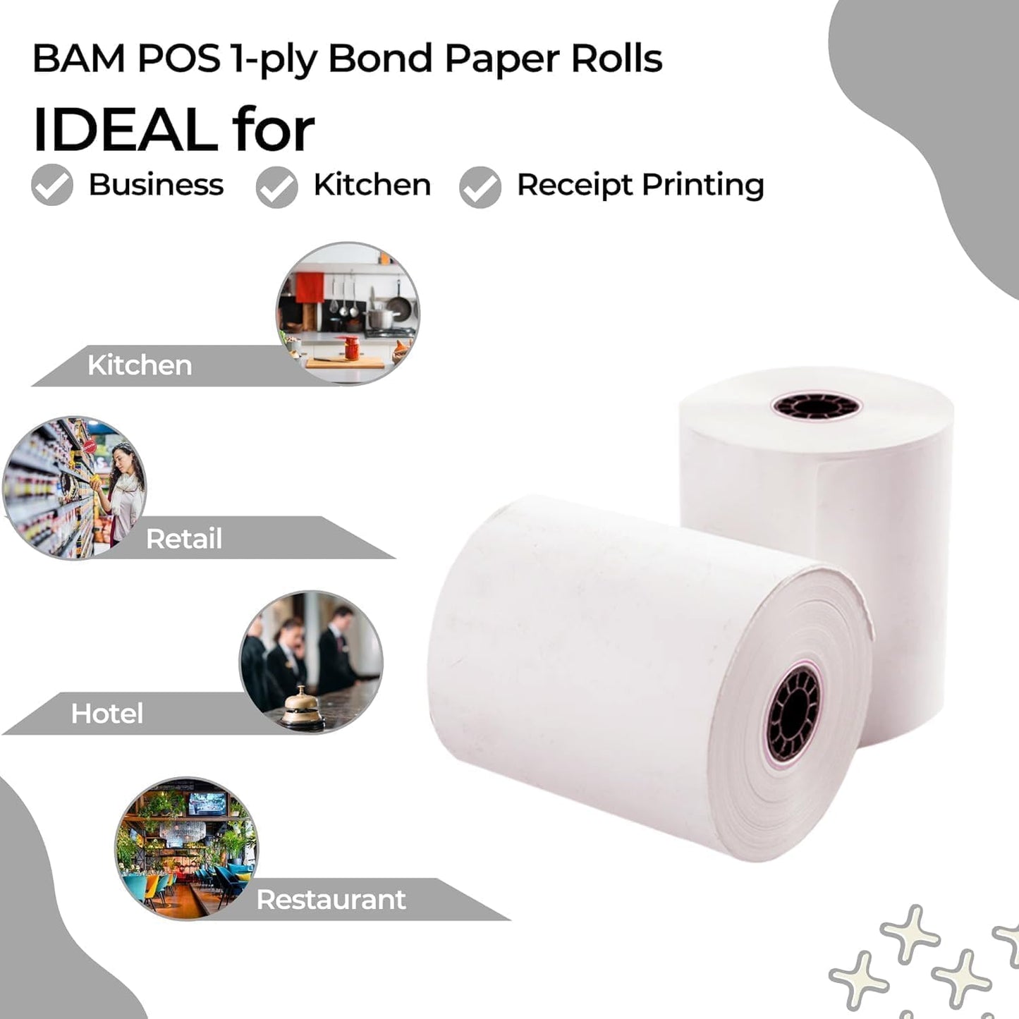 1Ply Bond Receipt Paper Rolls 3 x 150 White Paper for Kitchen Impact Printers TMU200 SRP275 Star SP700 Suitable For Printing Kitchen Tickets and Order receipts 24 Rolls Per Case