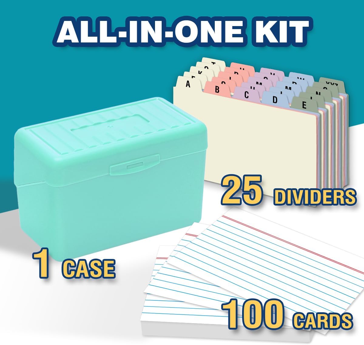 H4D 3x5 Index Card Holder with 100 Heavyweight Ruled Index Cards and 25 Plastic Dividers, Mint Green