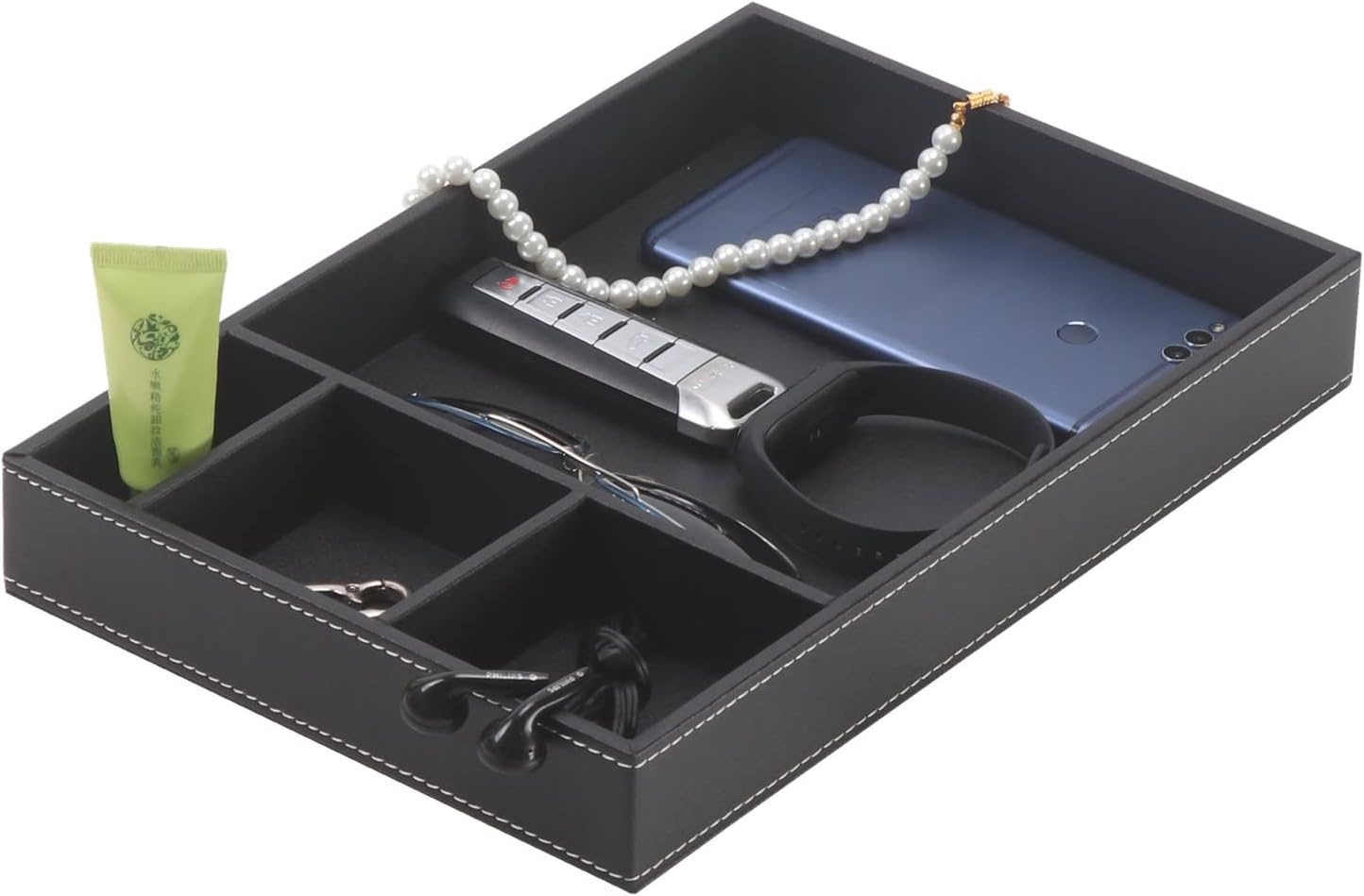 Guestroom Decoration Tray, Nightstand or Dresser Organizer, Valet Tray, 4 Compartment PU Leather Drawer Storage Organizer