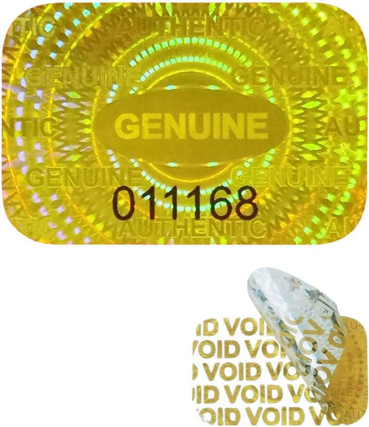 1000 pcs Tamper Proof Hologram Stickers Silver High Security Tamper Evident Warranty Seal Void Genuine Authentic Holographic Labels w/Unique Sequential Serial Numbering 0.95X0.6 inch (Gold)
