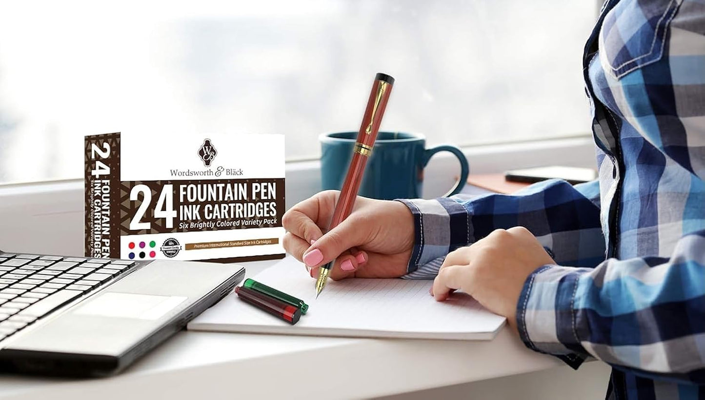 Wordsworth & Black 24 Pack Fountain Pen Ink Refills - SET OF 24 ASSORTED COLORS Ink Cartridges - International Standard Size - Length Appr 1.5" - Base Diameter Appr 0.24" - Disposable and Generic