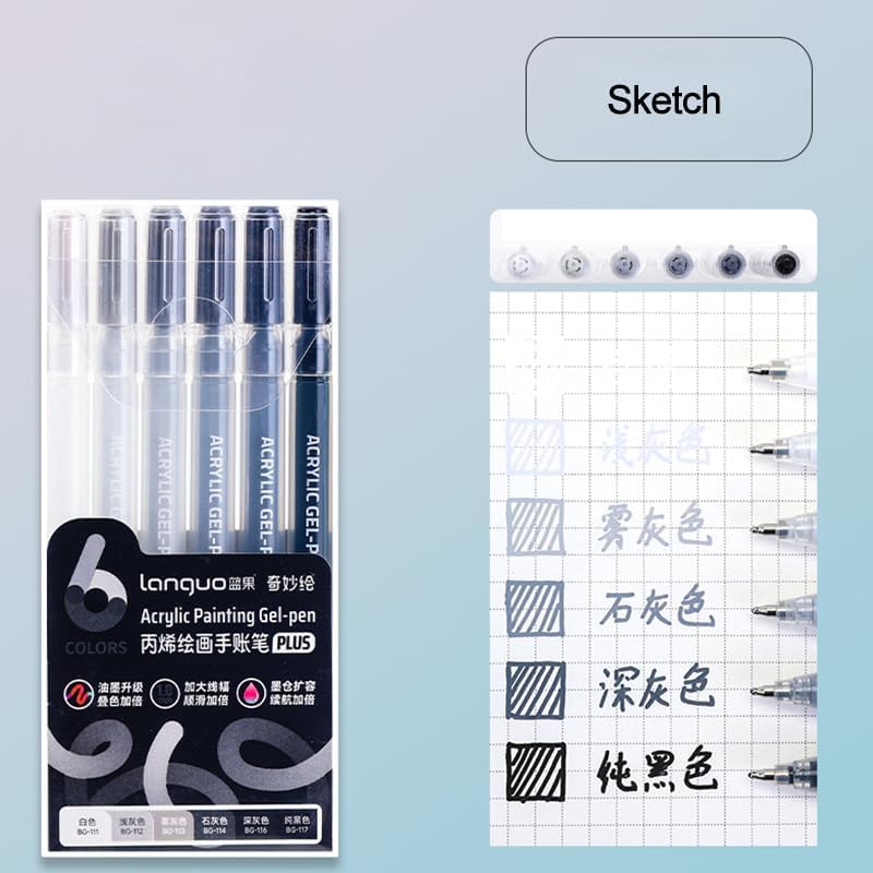 Acrylic Gel Pens for Coloring Books, Quick Dry 6 Pcs 1.0mm Fine Point Gel Marker Pen for Drawing, Journaling Art, School Supplies, Sketch color