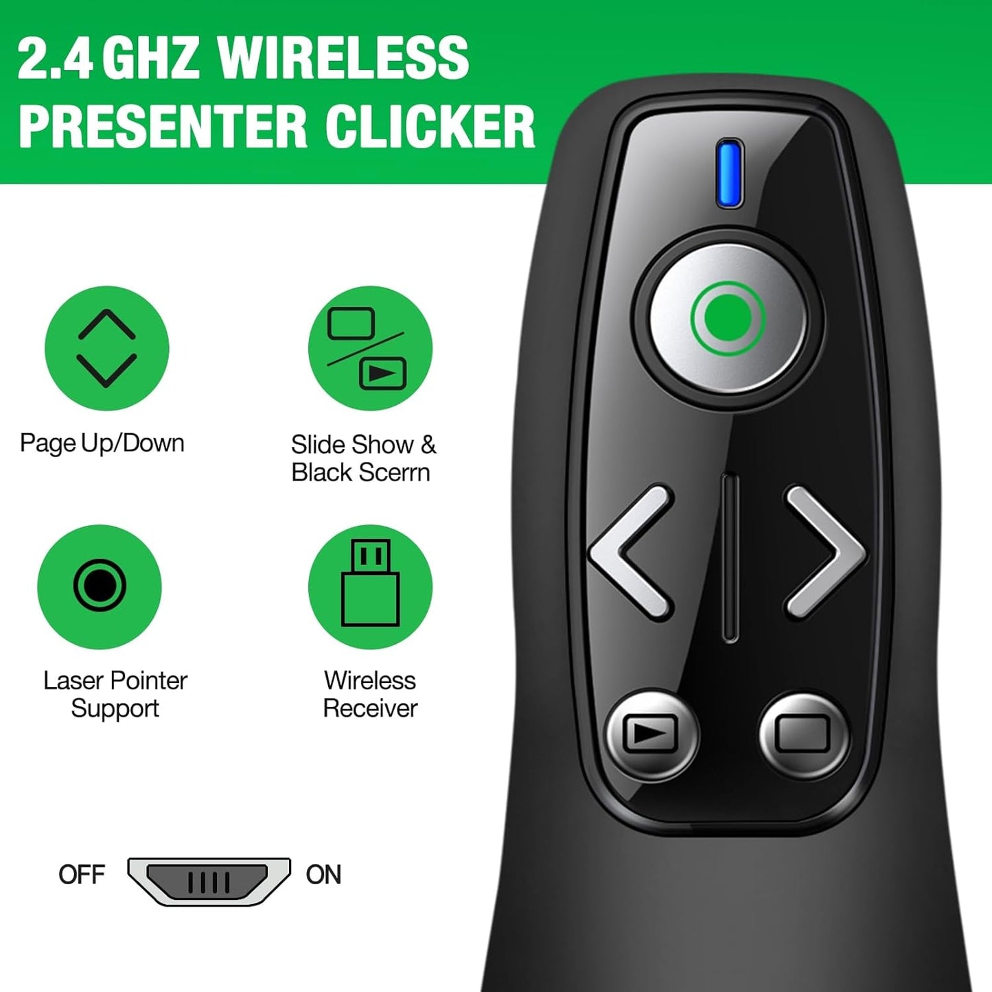 2-in-1 USB Type C Presentation Clicker Wireless Presenter Remote with Green Light for PowerPoint, Powerpoint Clicker with Volume Control PowerPoint Slide Advancer for Mac, Computer, Laptop