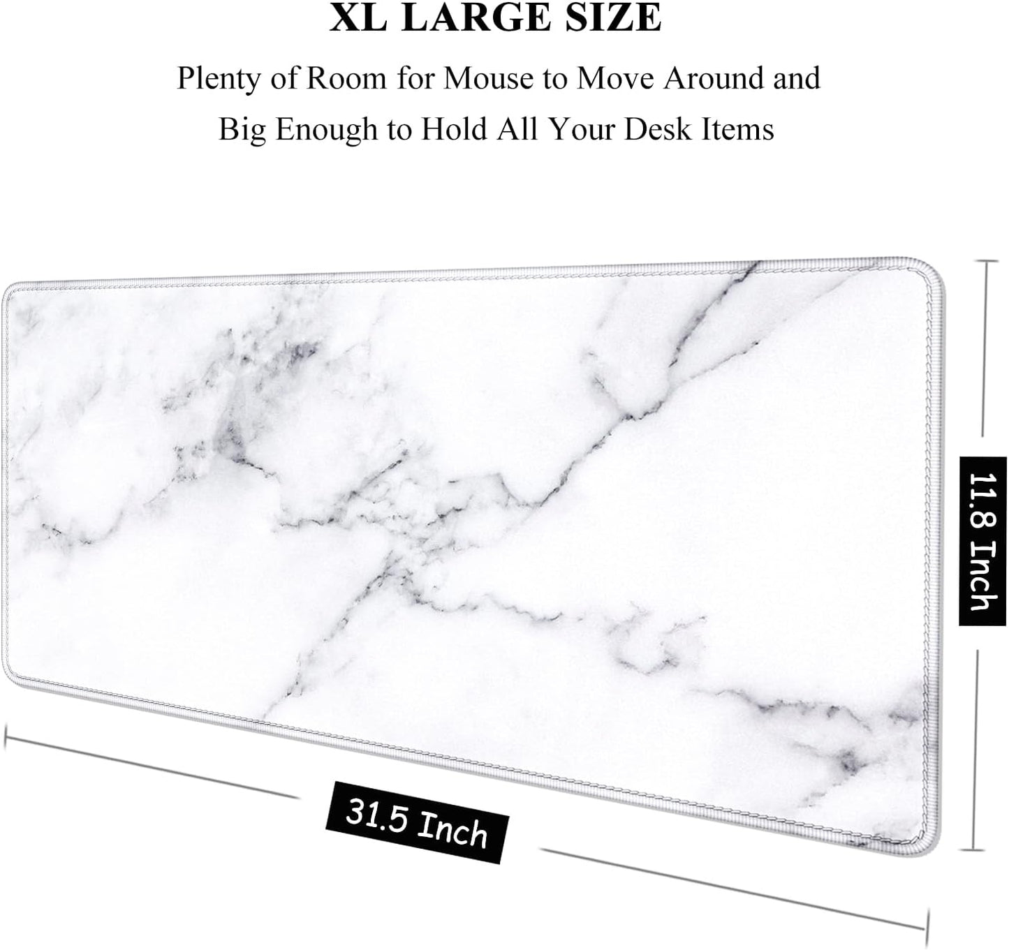 Auhoahsil Large Mouse Pad, XXL Gaming Mousepad, Desk Mat for Desktop, Thick Rubber, Big & Long Size, Stitched Edges, Full Desk Pad for Laptop & Computer, Extended 31.5 x 11.8 in, White Marble