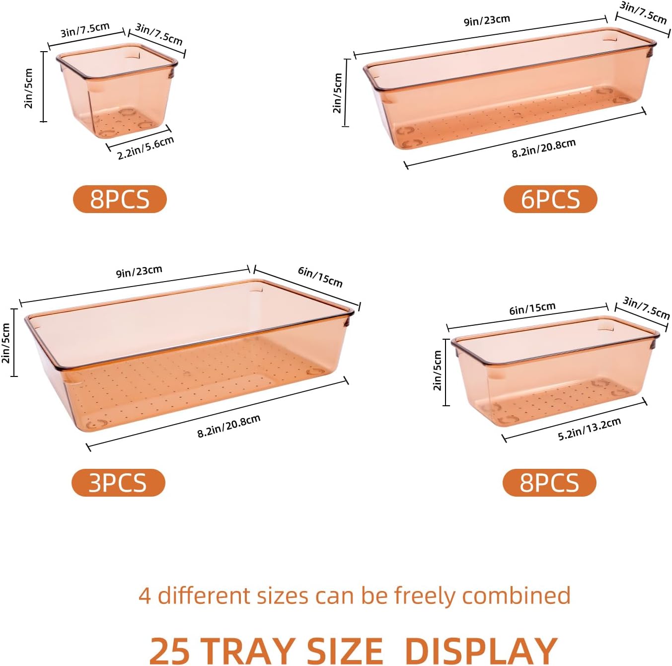 Coffee Acrylic Drawer Organizers Set Storage for Makeup, Office Desk Small Vanity Trays for Drawer Bathroom Plastic Make up Organizers 25 Pcs