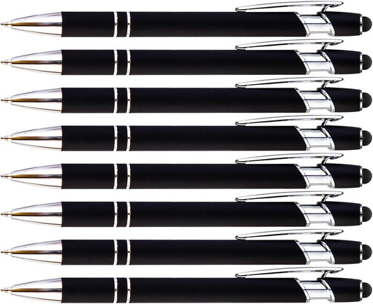 PASISIBICK 8 Pack Black Ballpoint Pens 2-in-1 Stylus Retractable Metal Stylus Pen for Touch Screens with Stylus tip, 1.0 mm Black Ink