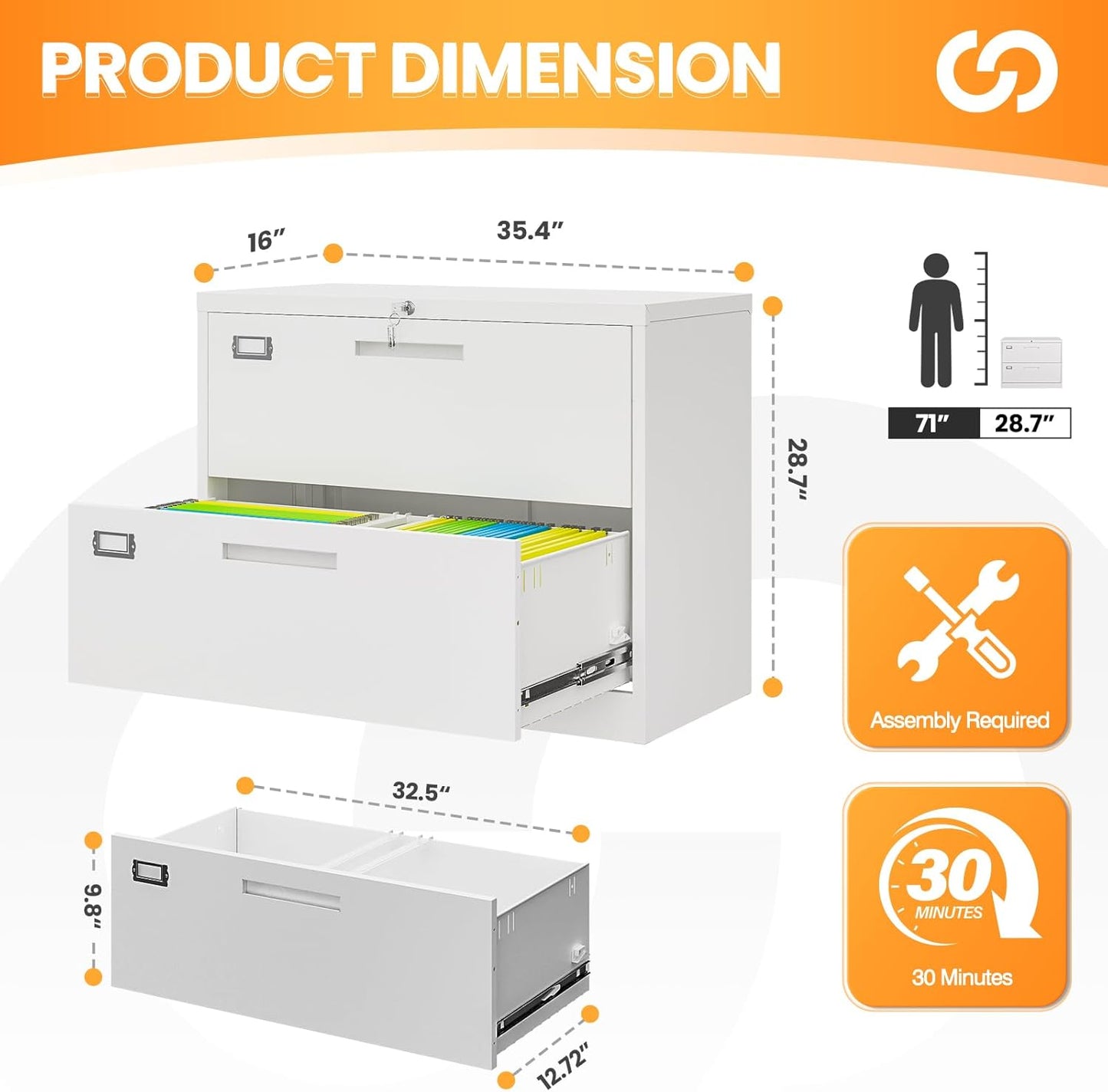2 Drawer File Cabinets for Home Office, Metal Filing Cabinet with Lock, White Locking File Caninet Two Drawer, Office Storage Caninets Steel Cabnet for Letter/Legal/A4/F4-Assembly Required