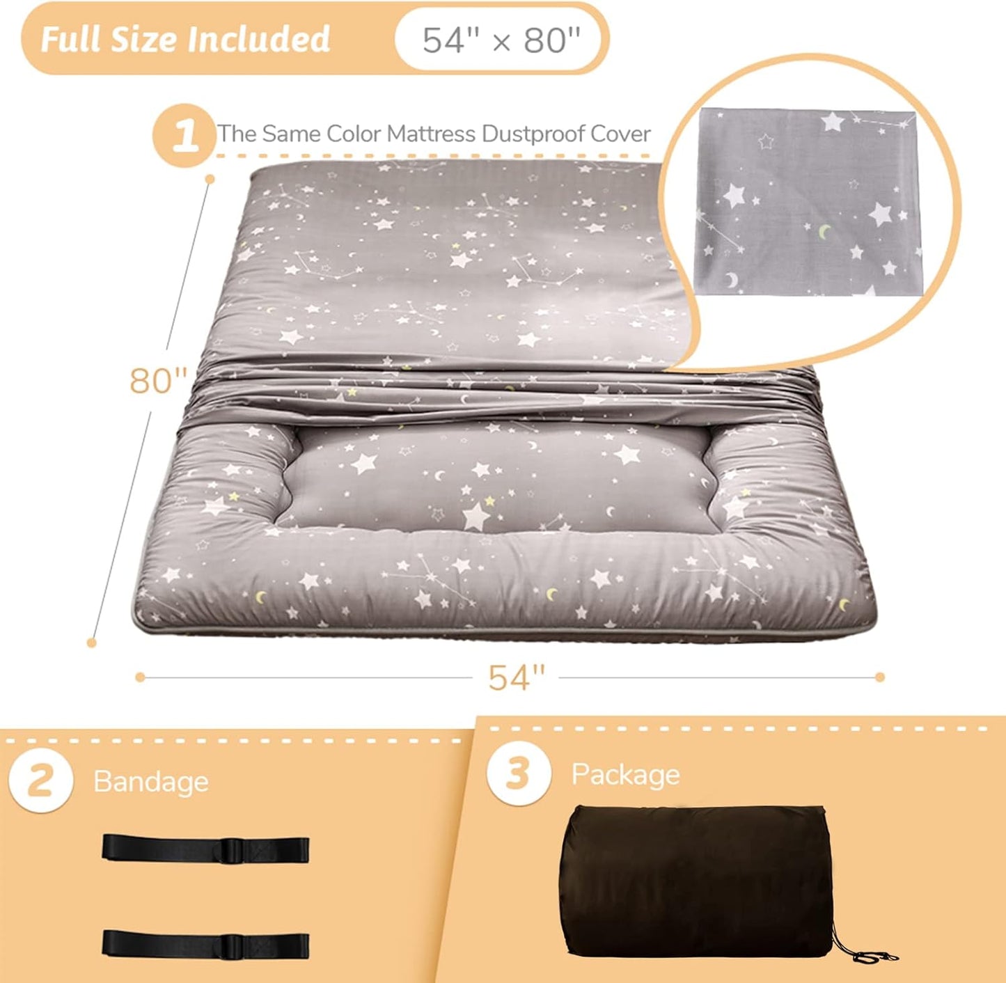 Grey Constellation Japanese Futon Mattress, Tatami Mat Portable Camping Mat Kids Sleeping Pad Foldable Roll Up Floor Lounger Couch Bed with Mattress Protector Full Size
