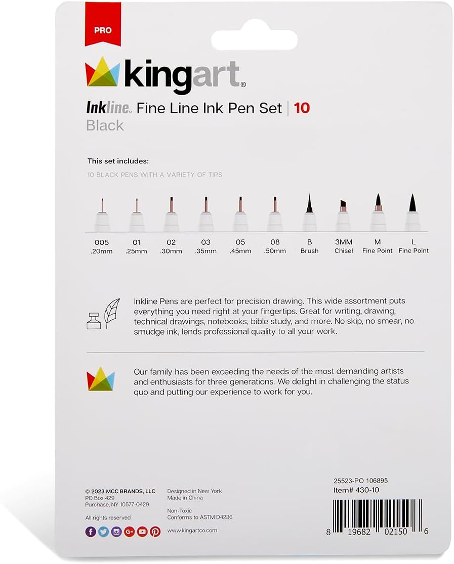 KINGART 430-10 PRO Inkline Black Micro Line & Precision Graphic Pens, 10 Assorted Nibs, BLACK Archival Waterproof Japanese Ink for Art, Illustration, Calligraphy, Sketching, Anime, Technical Drawing, Manga