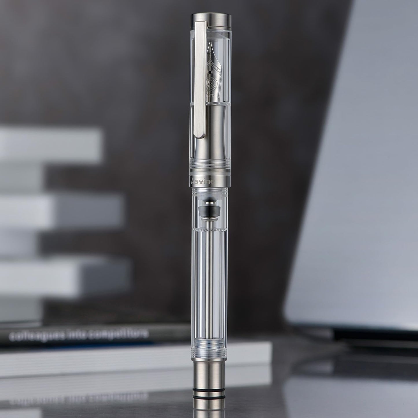 Asvine V200 Titanium Fountain Pen Vacuum Filling, Bock Medium Nib Clear Transparent Acrylic Smooth Writing Pen Case Set