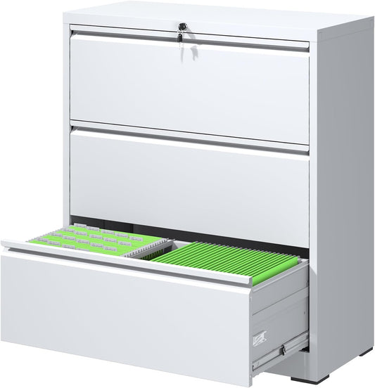 File Cabinets 3 Drawer,Metal Office Storage Filing Cabinet with Lock,White Lateral Filing Cabinet for Home Office,Horizontal Locking File Cabinets for Legal/Letter/A4,Assembly Require,White