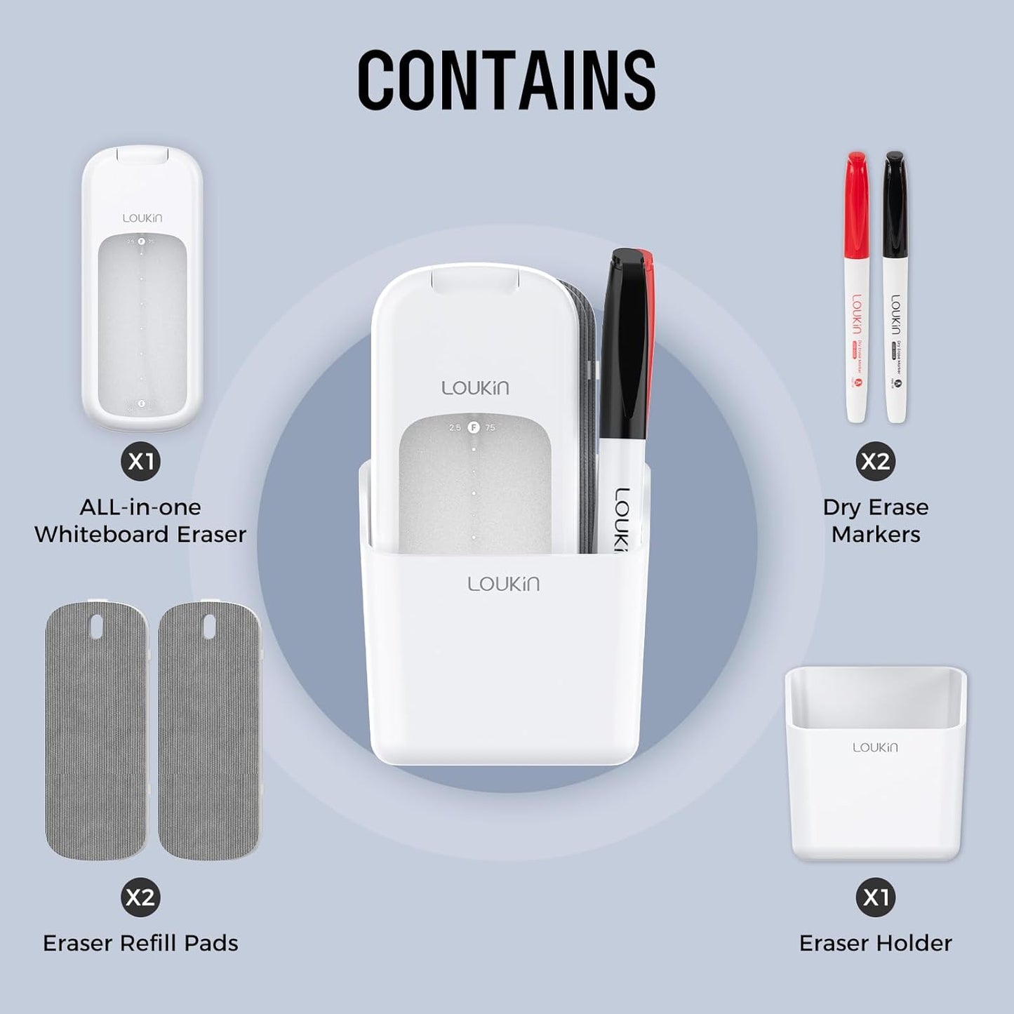 loukin Inventive All-in-One Dry Erase Eraser, Novel Replaceable Whiteboard Eraser with Built-in Cleaner, Unique Glass Board Erasers, Includes 2 Refill Pads, 1 Magnetic Holder, 2 Markers