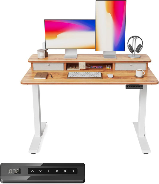 FEZIBO 48 x 24 Inch Height Adjustable Electric Standing Desk with Double Drawer, Computer Desk, Home Office Stand Up Table with 4 Height-Adjustable Feets & 2 Hooks, Light Rustic