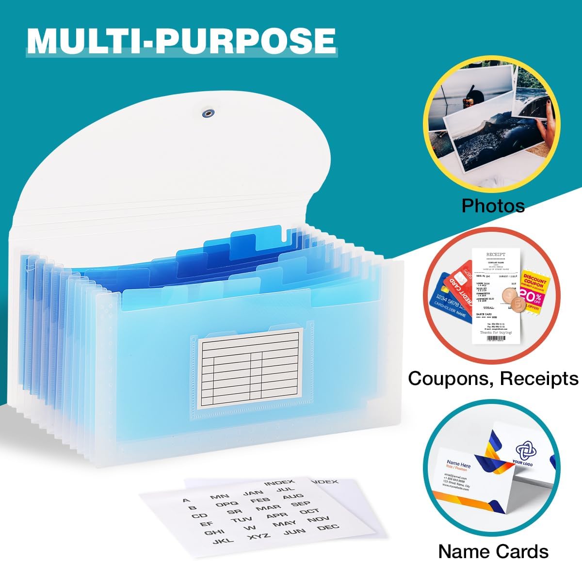 H4D Check Size 13 Pocket Expanding File Folder, Accordion File Organizer Wallet Case for Coupon Receipt Storage, 10 x 5.5 inches, Blue