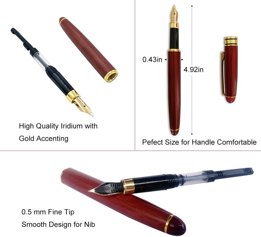 3 Pcs Wooden Pens Set with Gift Case/Best Writing Fountain Fancy Ballpoint Pen and Luxury Gel Pen with Ink Refills, Promotional Business Designer Pens