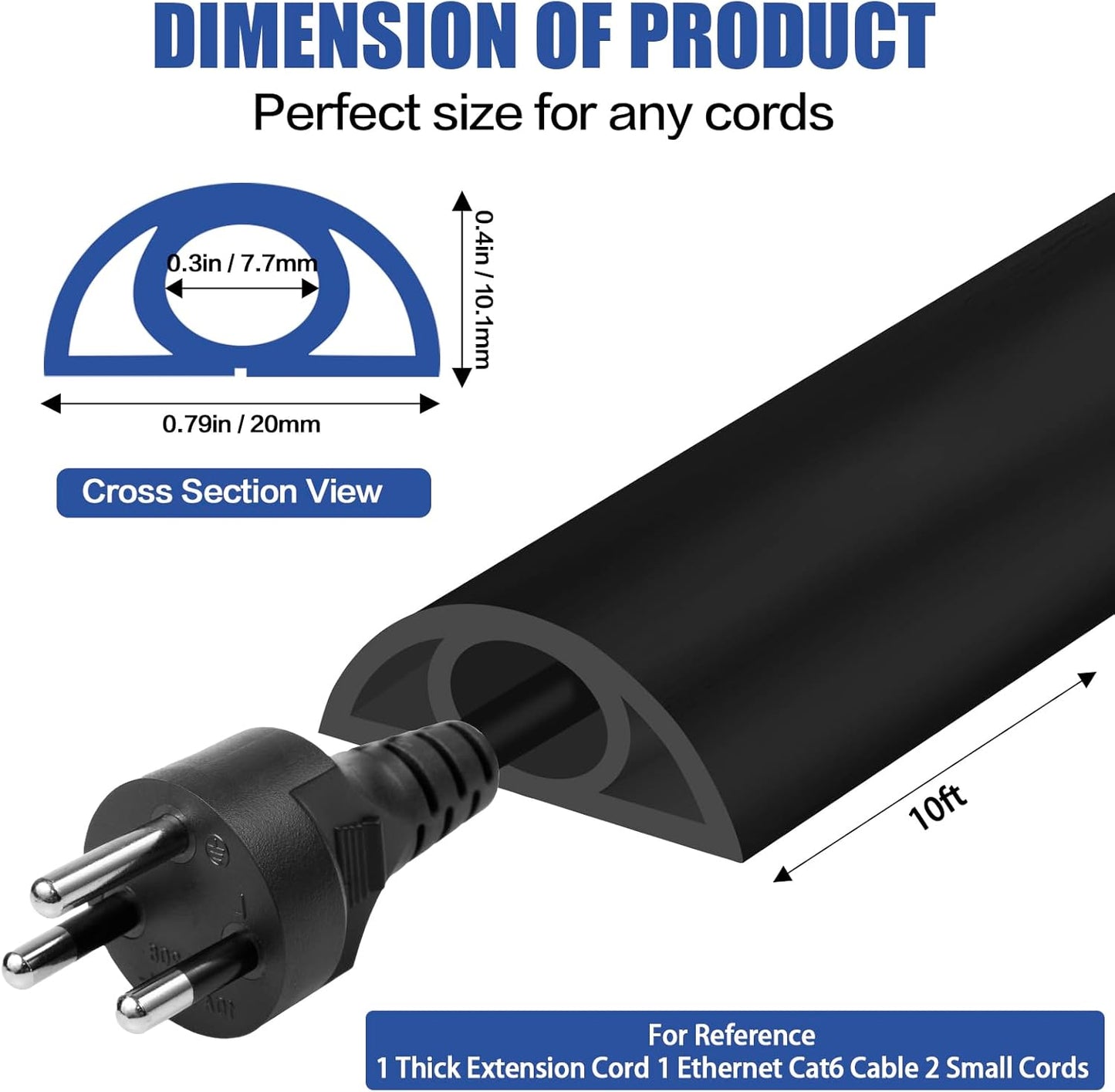 Floor Cord Cover Self Adhesive Cord Hider,10FT Cable Management, Extension Strip Protector for Wires, Prevent Cable Trips for Offices, Gyms, Exhibitions Cavity:0.3"(W) x 0.28"(H) Black